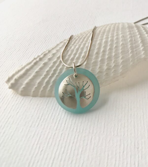 Sterling Silver Tree of Life Necklace with Aqua Matte Glass