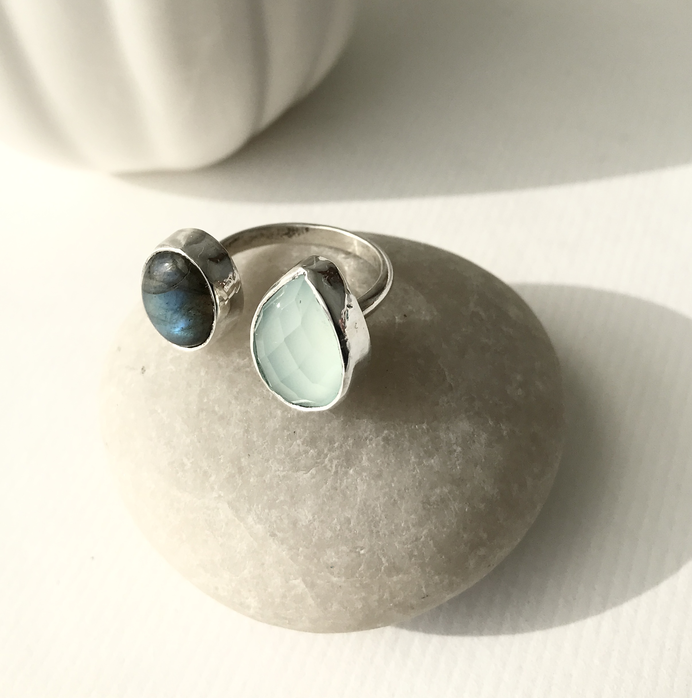 Double Stone Adjustable Ring - Moss Agate, Moonstone, Sterling - Lisa