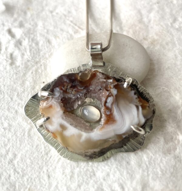 Geode Goddess Necklace - Druzy Agate Geode, Moonstone, Sterling Silver
