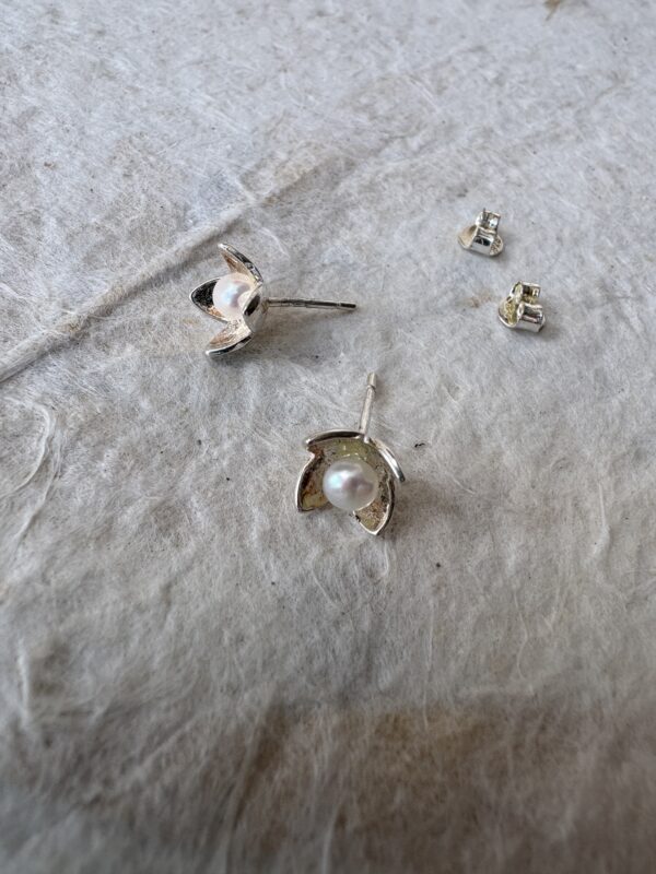 Bloom Pearl Stud Earrings, Flower Pearl Stud Sterling