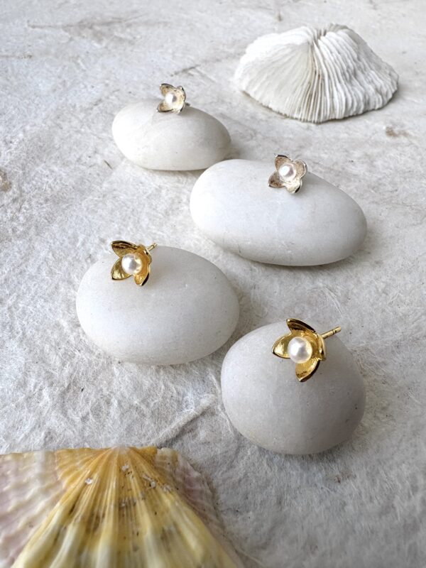 Bloom Pearl Stud Earrings, Flower Pearl Stud Sterling