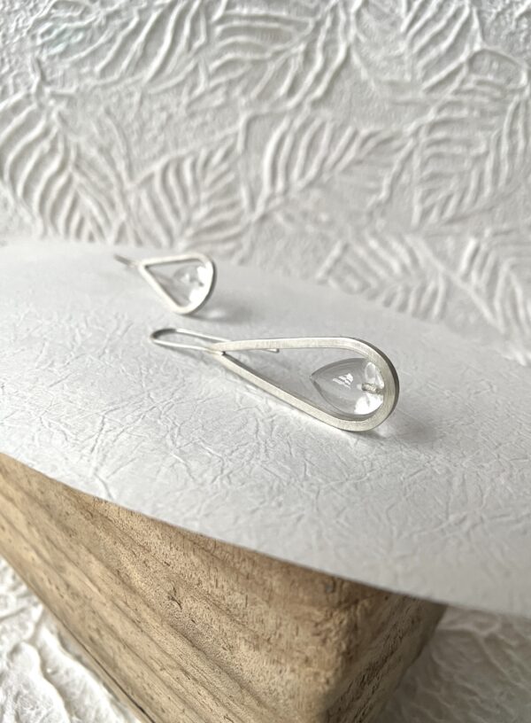 Dew Drop Minimalist Earrings in Sterling, Quartz Crystal