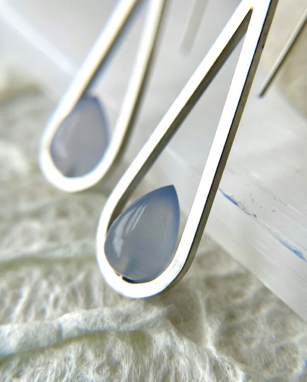 Dew Drop Minimalist Earrings in Sterling, Blue Chalcedony