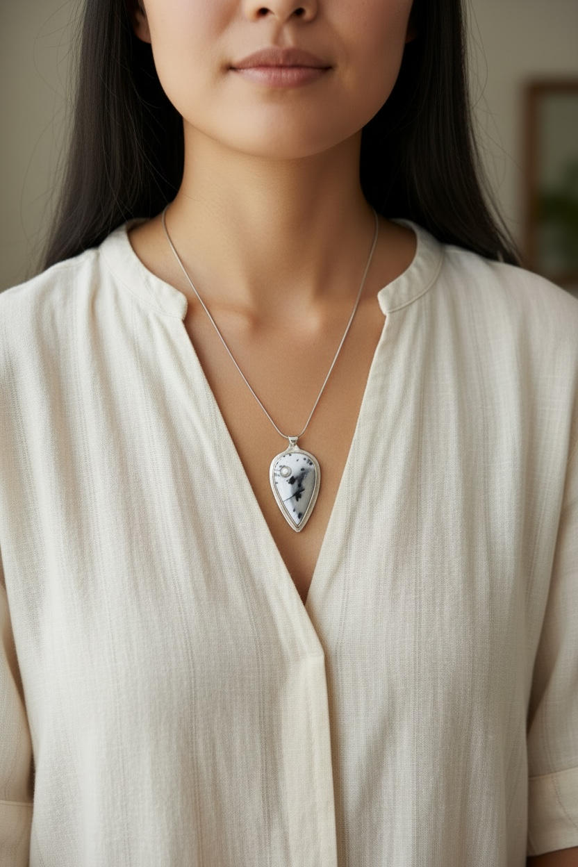 Goddess Artemis Necklace - Dendritic Opal, Moonstone model